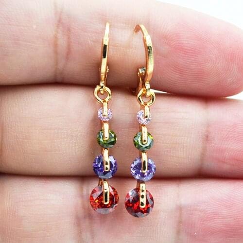 AAA+ Cubic Zirconia Gold Color Fashion Women Colorful Round CZ Dangle Earrings Jewelry