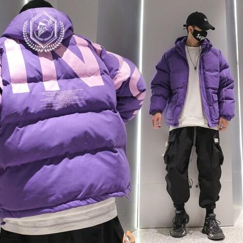 Men Fashion Loose Print Fleece Heavyweight Jacket Casual Hip Hop Parkas Coat with Hoodie