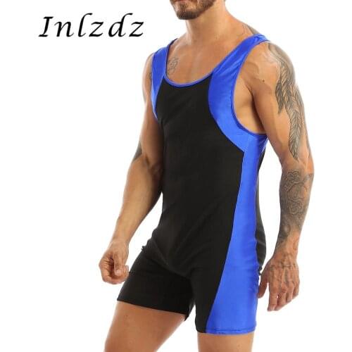 Mens Lingerie Bodysuit Fashion Color Block Design U Neck Sleeveless Sports Bodybuilding Leotard Jumpsuit Shorty Unitard Fitness