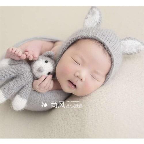 Fluffy Tiny Cat Toy Bonnet Set for Photography Shoot Fuzzy Kitty Stuffed Animal Toy Doll with Crochet Newborn Animal Bonnet set