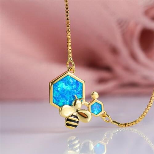 Luxury Female Blue Opal Pendant Necklace Charm Gold Silver Color Chain Necklaces For Women Trendy Bee Geometric Wedding Necklace