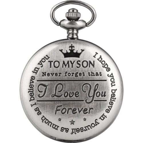 Popular Engraved Words To My Son I LOVE YOU Quartz Pocket Watch Retro Gray Cover Souvenir Birthday Gifts for Son Art Collection