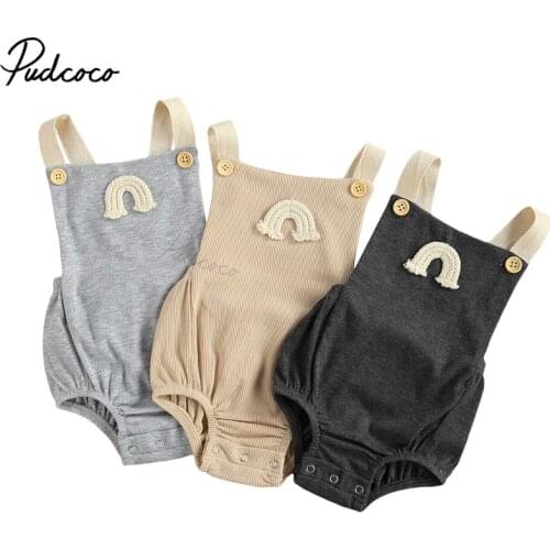 Toddler Baby Rainbow Embroidery Ribbed Bodysuit, Infants Sleeveless Suspender Romper, Square Collar Button Decoration Clothing
