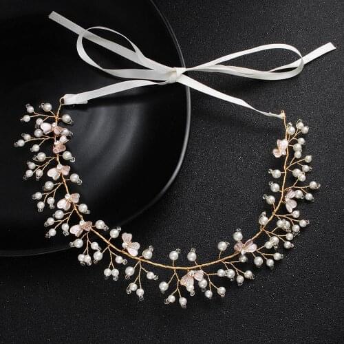 Handmade Crystal Flowers Ribbon Bridal Headband Tiara Crown Pearl Wedding Hair Accessories Elegant Rhinestone Women Head Pieces