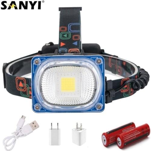 Wide Angle Headlight Headlamp COB Rechargeable Head Lamp 3 Modes Torch Safety Warning Light+2x 18650 Battery + USB Charger