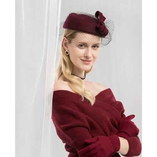 Lady Fedoras Hats Girls Fashion Wool Veil Hats Female British Bowknot Yarn Net Woolen Banquets Formal Dress Hat Adjust A31