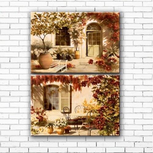 Mediterranean sea flower garden house scenery canvas printings oil painting printed on canvas home wall art decoration picture