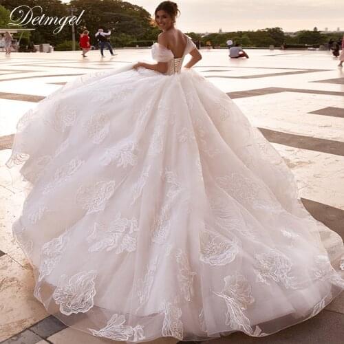 Detmgel Gorgeous Appliques Court Train A-Line Wedding Dresses 2020 Sexy Sweetheart Neck Lace Up Princess Bridal Gown Plus Size
