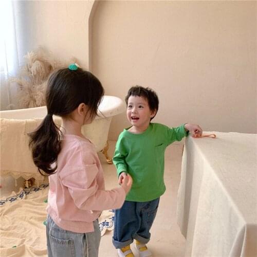 Spring new unisex children solid color casual t shirts boys and girls cotton loose long sleeve tee Tops
