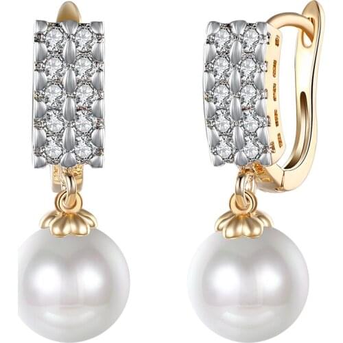 ZEMIOR Imitation Pearls Drop Earrings For Women Double Row Cubic Zirconia Earring Anniversary Champagne Gold Fashion Jewelry