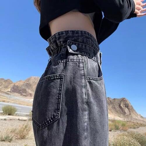 2021 Autumn Winter New High Waist Elastic Waist Grey Denim Female Straight Pants for Women Button Zipper Long Jeans Woman Y152