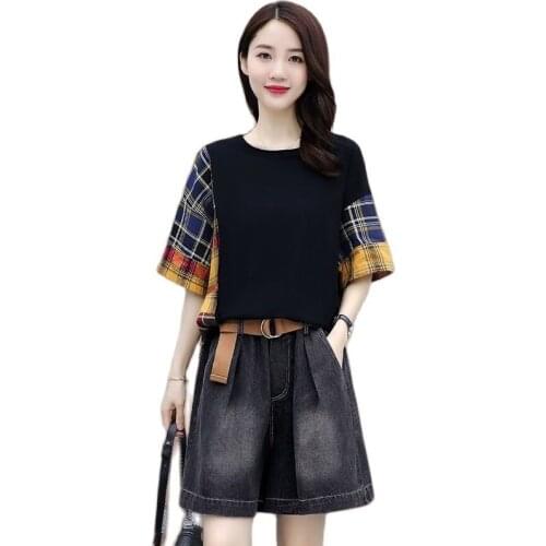 Summer Tops For Women 2021 New Denim Shorts Sets Loose Short-Sleeved T-Shirts Wild Fashion Casual Large Size Two Piece Set Women