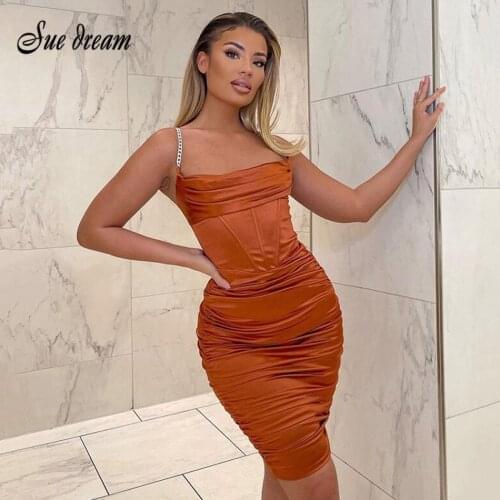 2021 Summer Womens Pleated Sling Bodycon Dress Women Diamond Sexy Party Dresses Satin Sleeveless Strapless Dresses Vestidos