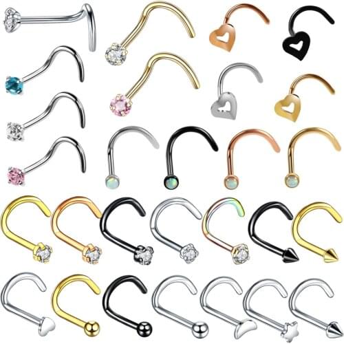 1PC 20G Steel Prong CZ Nose Screw Rings Nariz Earring Nostril Piercings Opal Twist Curved Bar Gem Nose Bone Stud Rings Jewelry