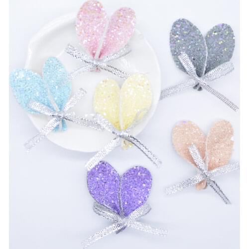 24Pcs Glitter Kawaii Rabbit Ear with Bow Appliques for DIY Clothes Hat Glove Patches Handmade Headwear Hair Clips Accessories