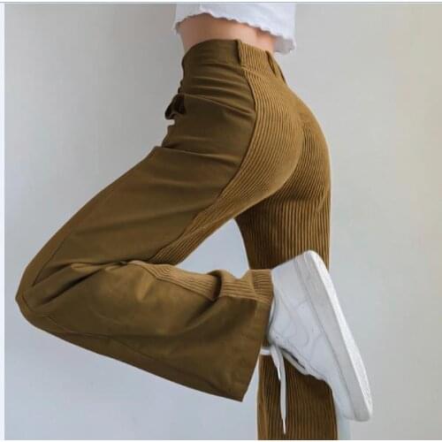 Casual Vintage Women´s Pants High-Waist Gradient Blue Trousers Wide Leg Corduroy Long Denim Jeans Zipper Pocket Casual Bottoms