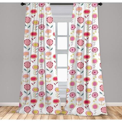 Floral Window Curtains Vibrant and Doodle Styleof Flowers on The Plain Lightweight Decorative