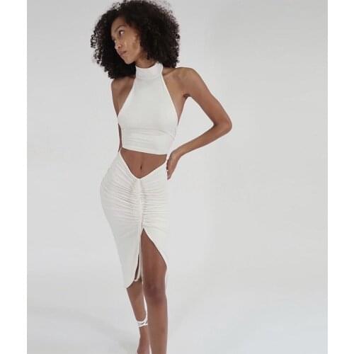 European and American Summer New Sexy Women Wear Neck Collar Sleeveless Jacket Draw Rope Skirt Two Sets