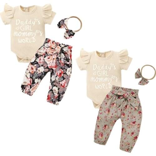 Baby Girls 3pcs Clothes Set Beige Round Collar Short Sleeve Letter Printed Knited Romper Floral Pants Headdress Babys Sets