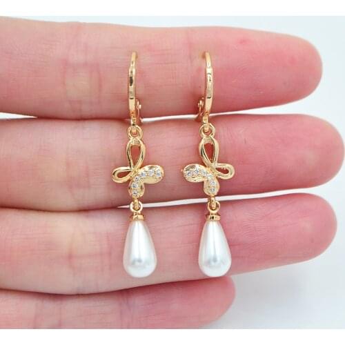 Fashion Jewelry Gold Color Clear Cubic Zirconia White Teardrop Pearl Butterfly Dangle Earrings for Women