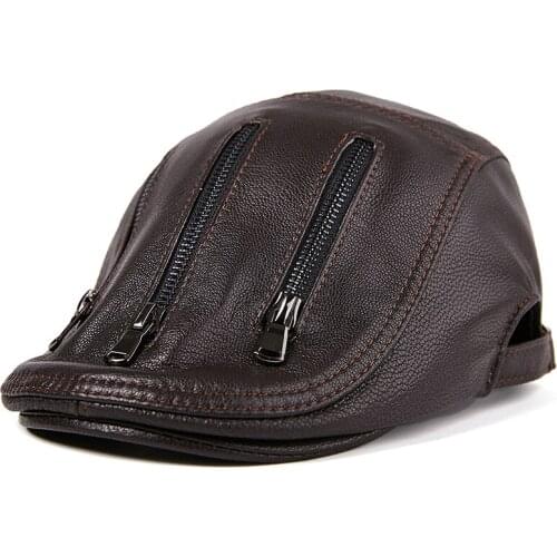 Mens Sheepskin Leather Hat Cap Adult Genuine Leather Cap Male Young Leather Hat Middle-aged Visors Cap New Year Gift B-8806