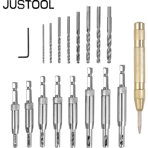 JUSTOOL 18PCS Core Drill Bit Set Hole Puncher Hinge Tapper Hinge Drilling Bit for Doors Self Centering Woodworking Power Tools