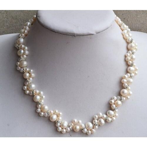 New Favorite Pearl Necklace Wedding Jewelry 3-8mm White Color Genuine Freshwater Pearl Rhinestone Flower Necklace Lady Gift