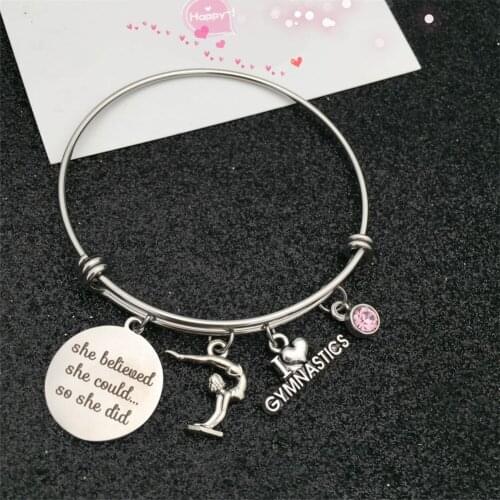 64mm Wholesale Bulk Stainless Steel Adjustable Wire Bangle Charm Bracelet Gymnastics with Birthstone Gift for Gymnast