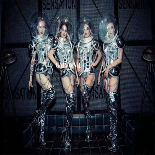 P96 Singer performance wears club show outfit catwalk armor robot suit women stage dress silver outfit dance costume cosplay dj
