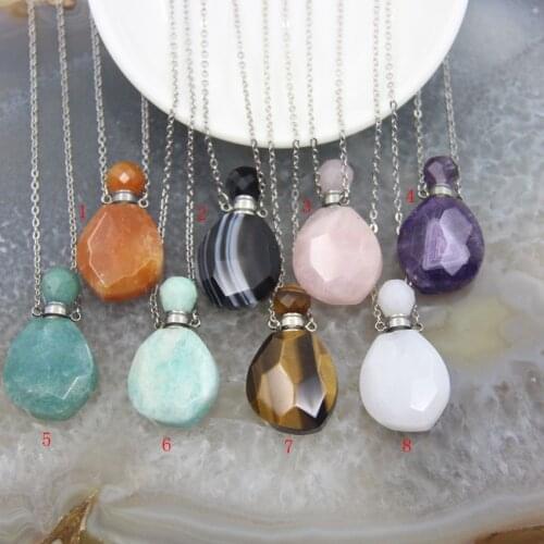 Plated Silvery Necklaces Faceted Gems Stone Perfume Bottle Pendant,Amethysts Amazonite Quartz Essential Oil Diffuser Vial Charms