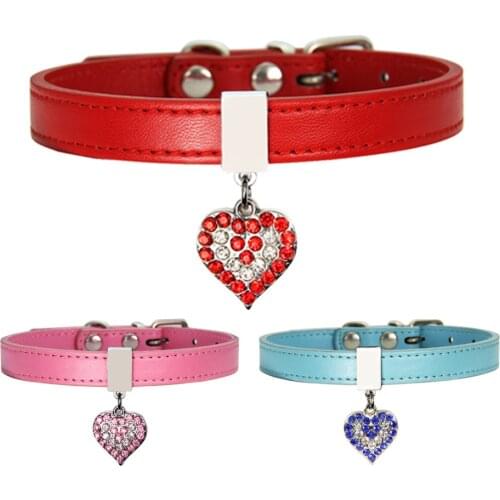 Adjustable Pet Dog Cat Collar Bling Love Heart Crystal Pendant Necklace Safety Soft Leather Puppy Neck Strap Personality Product