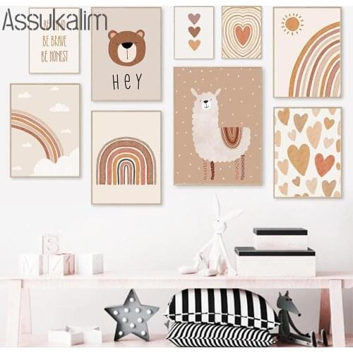 Rainbow Print Alpaca Bear Wall Painting Heart Art Prints Boho Canvas Poster Nursery Wall Pictures For Kids Room Decoration