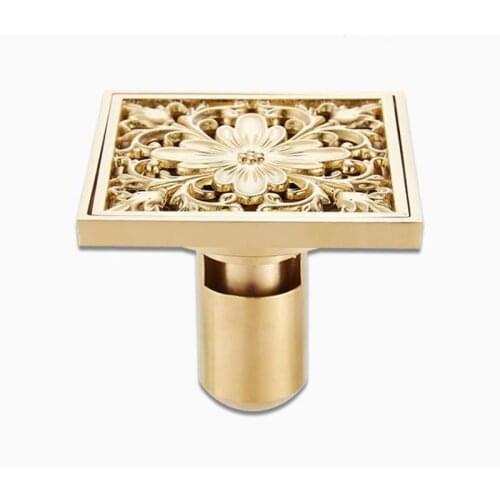 Golden Floor Drains Brass Shower Floor Drain Bathroom Deodorant Euro 10*10 cm Square Floor Drain Strainer Cover Grate Waste