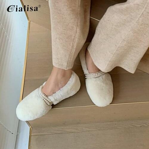 CIALISA Tound Toe Gneuine Leather Flat Warm Casual Shoes Real Sheep Fur Short Plush Pearls Decoration Womens Low Shoes