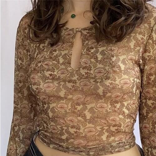 Fairy Grunge Streetwear Flare Sleeve Mesh Lace-Up T-shirts Y2K Vintage Printing V-neck Lettuce Trim Cropped Tops Khaki