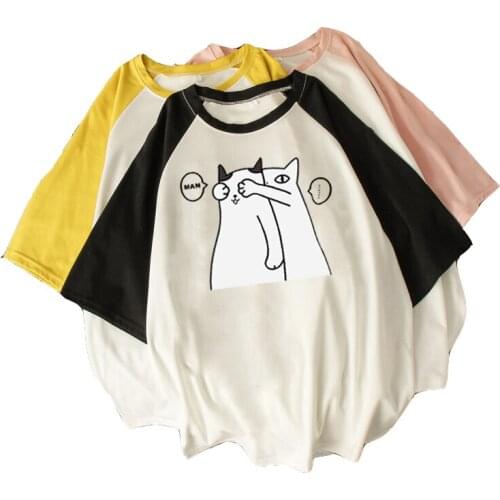 Zuolunouba Summer New Short-sleeved Women T-shirt Loose Harajuku Lazy Wind Half-sleeve Cartoon Printing Stitching Tees Tops