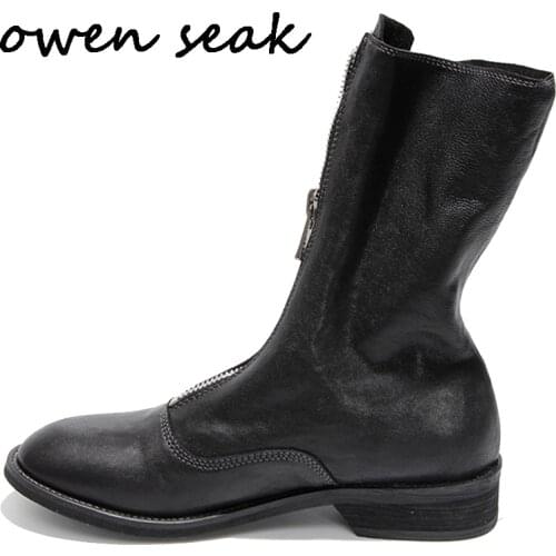 Owen Seak Women Casual Shoes High-TOP Sheepskin Leather Boots Luxury Trainers Sneaker Zip Flats Riding Black White Shoes
