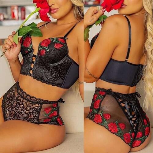 Women Black Lace Lingerie Set Hanging Neck Bra and Panty Set Lace Strappy Bodysuit Nightwear A7