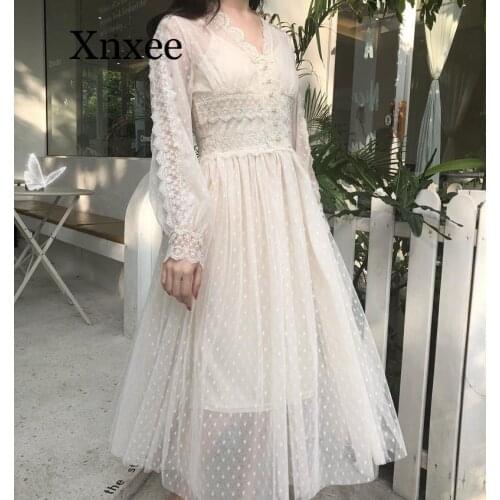 Korean Elegant Lace V-neck Dress Women Mesh Patchwork Long Sleeve Dress Women Dress Button Front Vintage Evening party kawaii