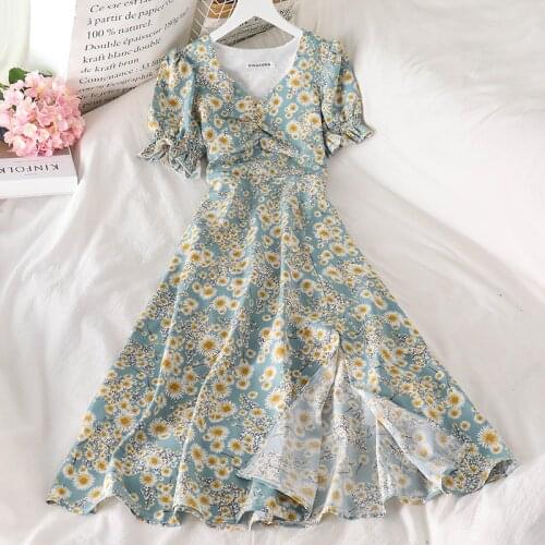 Vintage Floral Chiffon Dresses For Women Puff Sleeve V-Neck Flower Print Slit Dress 2021 Summer Elegant Midi-Length Sundress