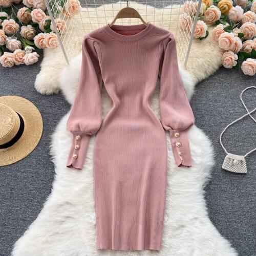 SINGREINY Women Elastic Knitted Dress Long Sleeve O Neck Elastic Slim Pencil Dresses Autumn Winter Bodycon Warm Sweater Dress