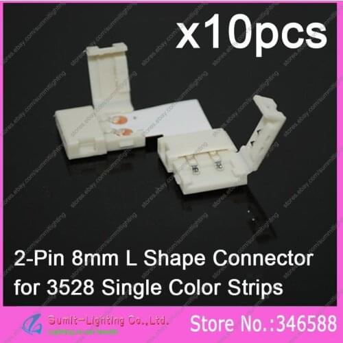 10pcs/LOT 2Pin 2-Pin 8mm L-shape 2-Way PCB Corner Connector Solderless Adaptor with Clips for 3528 Single Color LED Strips