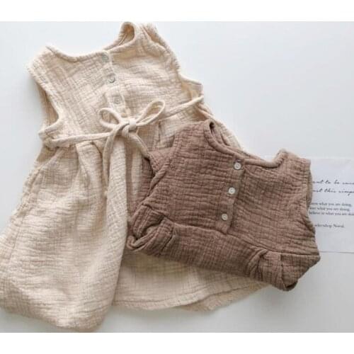 2021 Korea style girls dress fashion cotton linen summer girls vest dresses