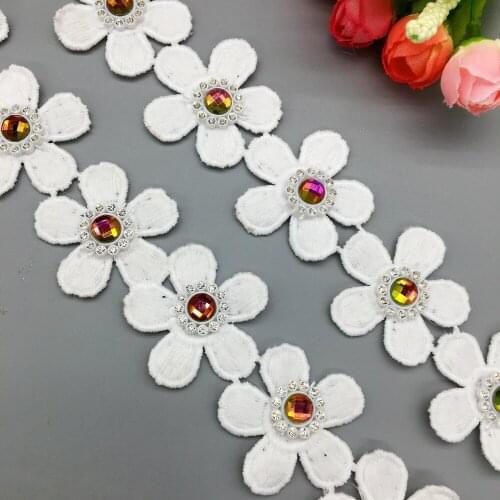 20X Cotton 3D Rhinestone Flowers Lace Trim Indian Style Trimmings Child Dress Applique Clothes Sewing Crafts Hat Decoration