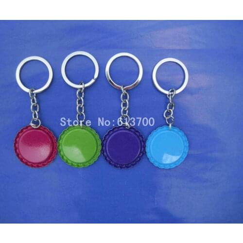 DIY Keychain Accessory 300 Pcs/lot 100 pcs two Side Colored Flattened Bottle caps with hole +100 pcs key Chain+100 pcs 1'' dome