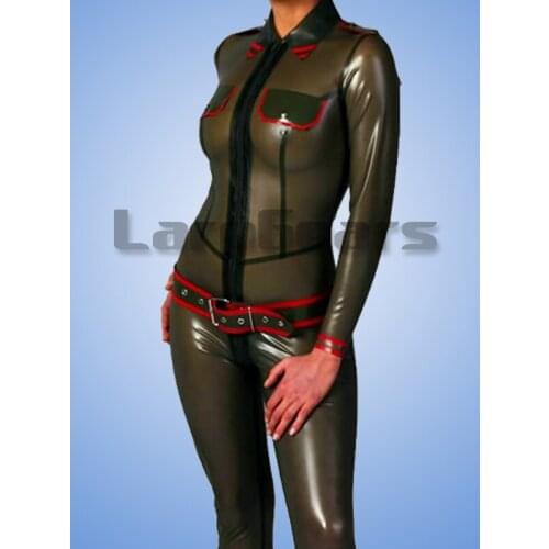 Army green latex bodysuits with belt rubber latex military uniform suits