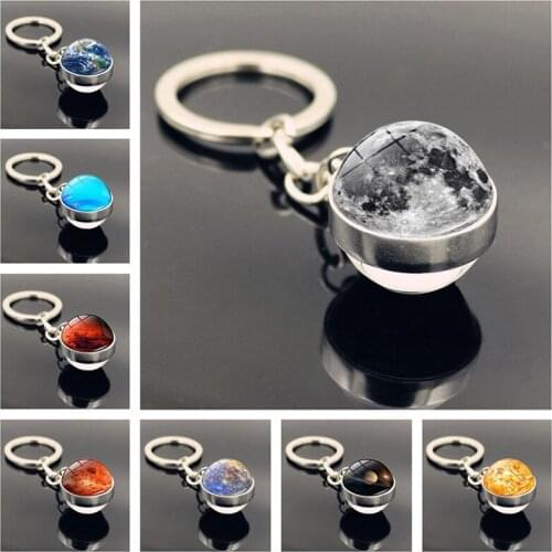 Solar System Planet Keychain Galaxy Key Ring Moon Earth Sun Mars Art Picture Double Side Glass Ball Key Chain Accessories