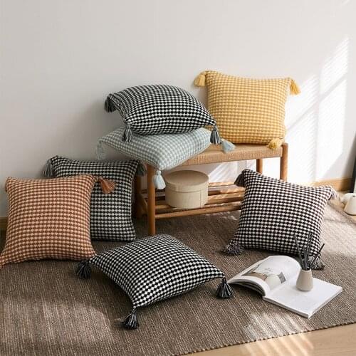 Black Green Yellow Knitted Cushion Cover Hand Corrected Pillow Cover with Tassels Home Sofa Bed Living Room 45x45cm Pillowcase