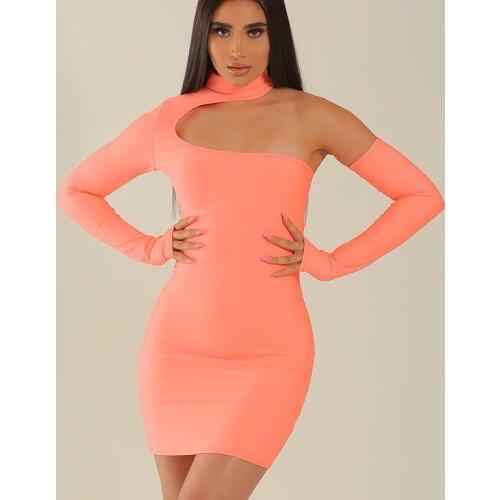 European and American Summer New Womens Wear Single Shoulder Long Sleeve Hollowed-Out Tight Sexy Mini Short Dress