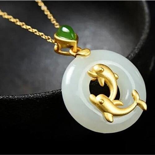 Natural Hetian White Jade Pisces Pendant Safety Buckle Pendant Necklace S925 Sterling Silver Ancient Style Thick Gold Inlaid Orn